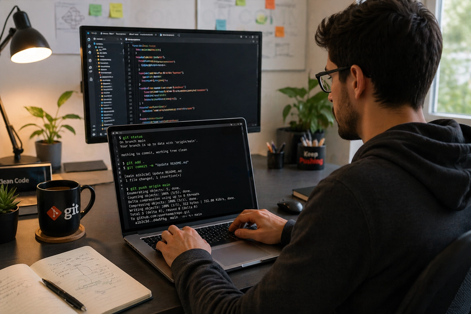 Developer working with Git version control system