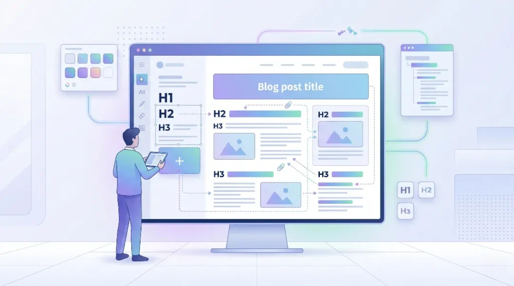 On-page and technical SEO optimization concept with website structure, performance, and analytics